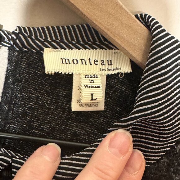 Women's L Monteau Sweater Peter Pan Collar Top Charcoal Striped Soft Stretch - Picture 5 of 8